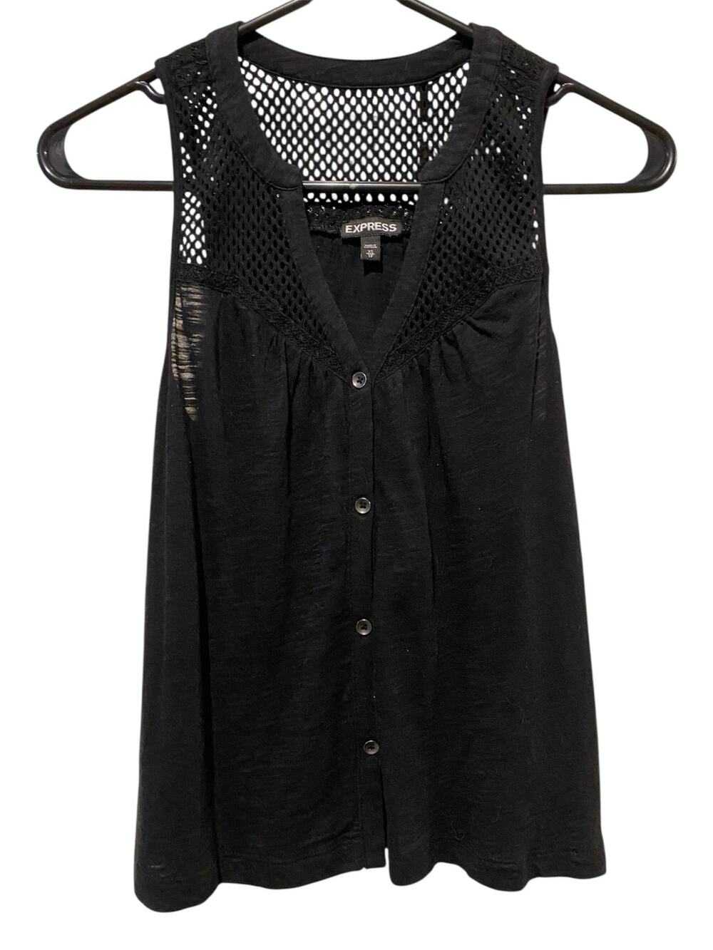 Express Button Up Tank Top XS Black V Neck Cotton Modal Crochet Minimalist